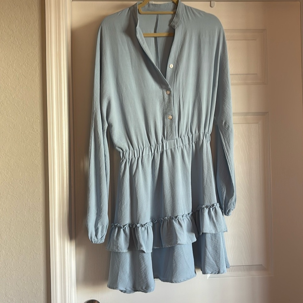 Women's Layer Ruffle Button Front V Neck Elastic Waist Long Sleeve Mini Dress - Picture 2 of 2